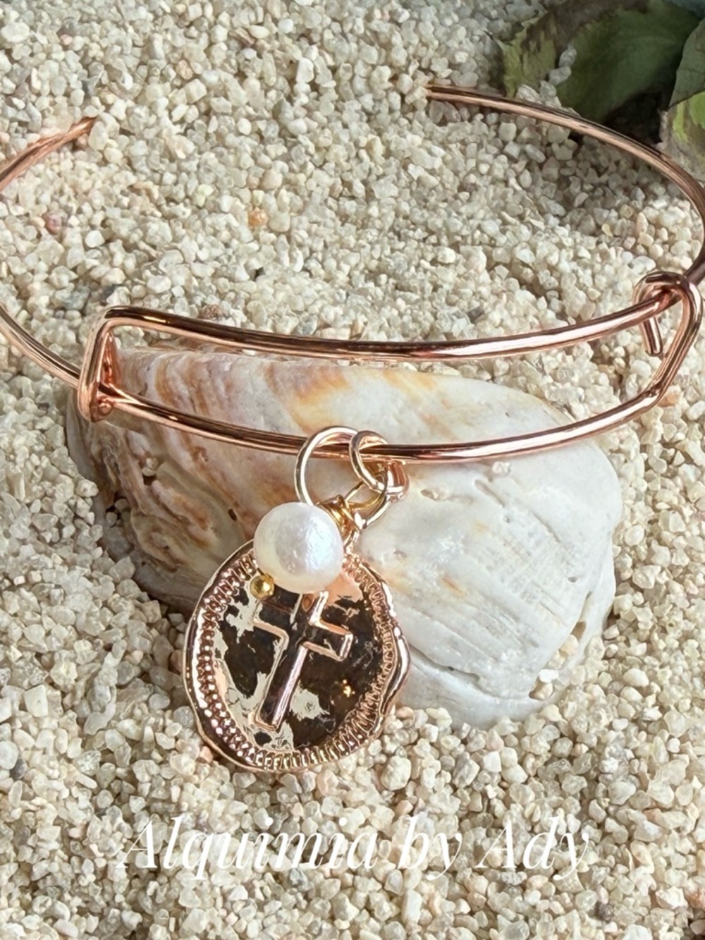 Rose Gold Cross Coin Bangle with Baroque Pearl Charm